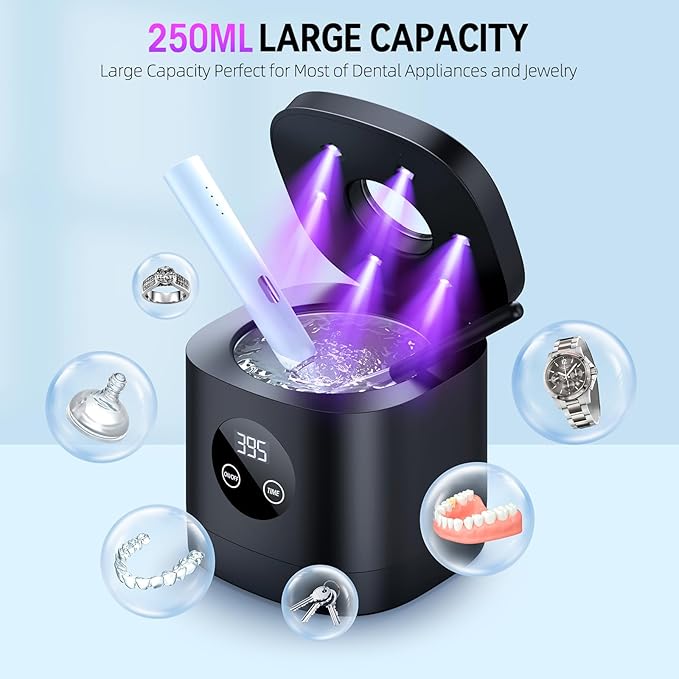 TEBAL Ultrasonic Retainer Cleaner Machine, 52kHz Ultrasonic Denture Cleaner for Night Guards, Braces, Toothbrush Heads, Jewelry and More, Ultrasonic Cleaner for Retainers with 250ML Capacity, Black