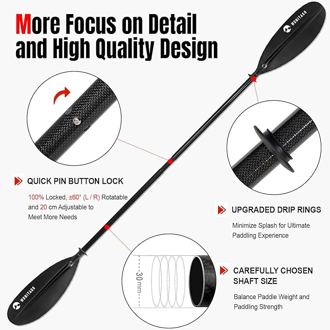 Kayak Paddle Premium Carbon Fiber Paddle with Reinforced PP + Fiberglass Blade, Floating Adjustable Kayaking Oars, 3 Piece, 220-240 cm/86-94 Inches, 240-260 cm/94-102 Inches-StrideForce Fitness