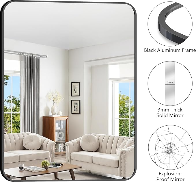FORBATH Large Bathroom Mirror 48 x 36 Inches，Black Large Wall Mirror Aluminum Frame Wall Mounted Rounded Corner Morndern Mirror for Bathroom Bedroom Entryway Living Room-StrideForce Fitness