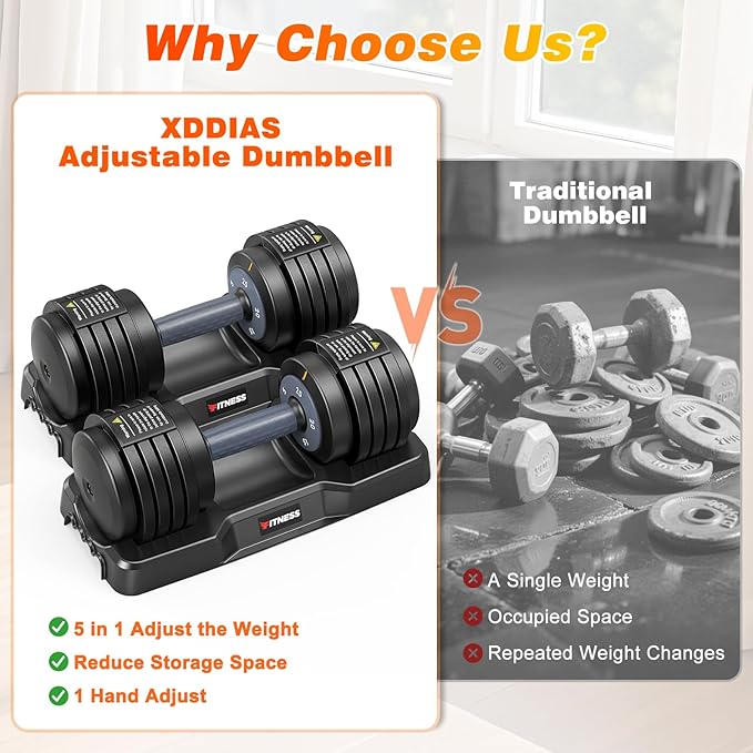 XDDIAS Adjustable Dumbbell Set of 2, 25/55/80LB Dumbbell Set-1Sec Adjustable Weights-5/10 in 1 Free Weights Dumbbells Set with Effortless Tray/No-Slip Handle-Compact Size for Women/Men at Home Gym-StrideForce Fitness