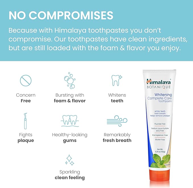 Himalaya Botanique Complete Care Whitening Toothpaste, Simply Peppermint, Fluoride Free for a Clean Mouth, Whiter Teeth and Fresh Breath, 5.29 oz, 2 Pack