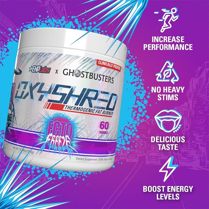 EHP Labs x Ghostbusters OxyShred Pre Workout Powder Supplement - Preworkout Powder with Acetyl L Carnitine, Energy Boost Drink - Ecto Freeze, 60 Servings-StrideForce Fitness