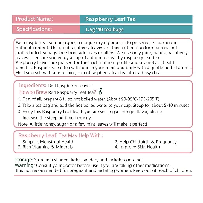 Samcci - Raspberry Leaf Tea Bag, 40 Teabags - Natural Pregnancy Tea - Pure Red Raspberry Leaf Herbal Tea - Help Childbirth & Support Menstrual - Non-GMO - Caffeine-free-StrideForce Fitness