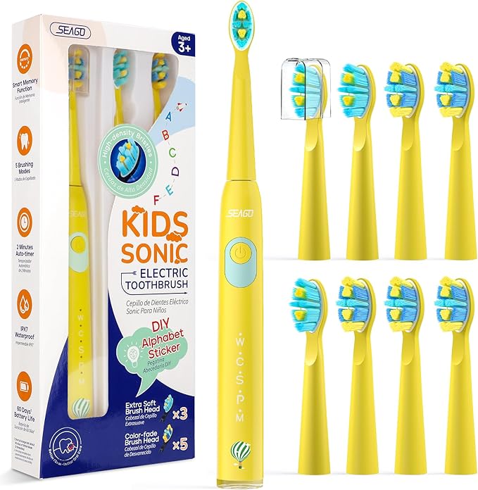 SEAGO Kids Electric Toothbrush, Rechargeable Sonic Soft Bristle Toothbrushes with 8 Brush Heads, DIY Stickers and 5 Modes, Ideal for Kids and Children, Ages 3–12,SG2303(Yellow)