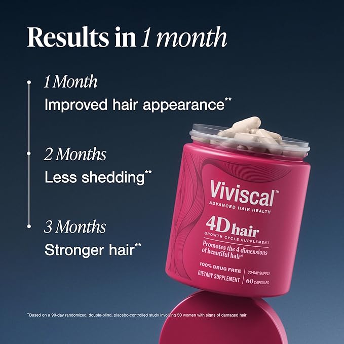Viviscal 4D Hair Growth Cycle Supplements for Women for Full, Strong, and Healthy Hair; Made with Keratin, Vitamin A, Biotin, Zinc, 30 Day Supply, 60 Count-StrideForce Fitness