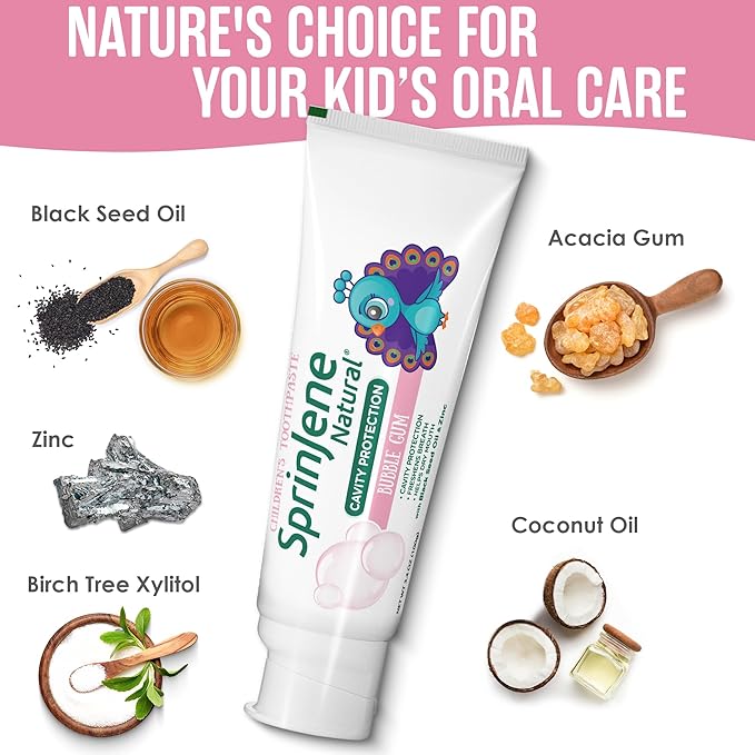 SprinJene Natural Children’s Toothpaste – Fluoride Bubblegum Toothpaste for Kids & Toddlers – Safe Gentle Formula for Cavity Protection – Made in The USA with Black Seed Oil & Zinc (4 Pack)