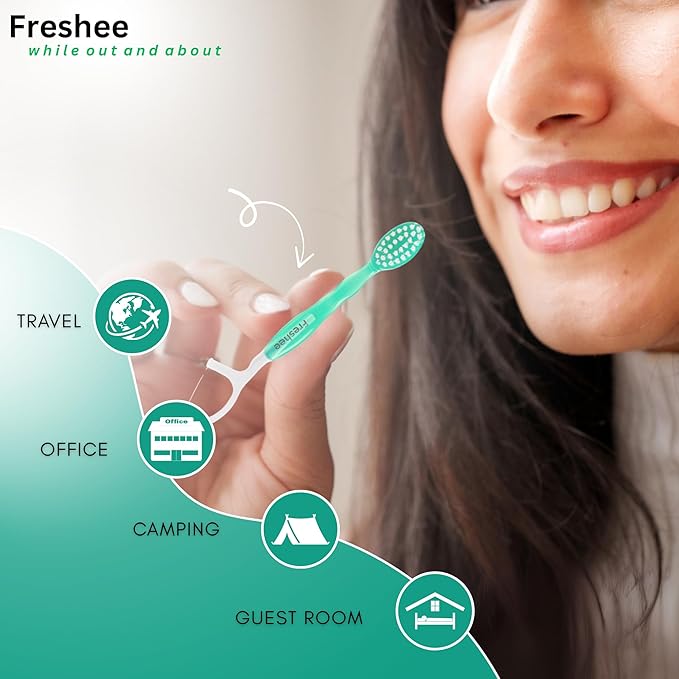 Freshee Paste - 5 in 1 Disposable Mini Toothbrush with Soft Bristles & Toothpaste + Floss + Pick + Tongue Scraper | Travel Size | Individually Wrapped | Soft | Mint | Travel Set |Oral Care