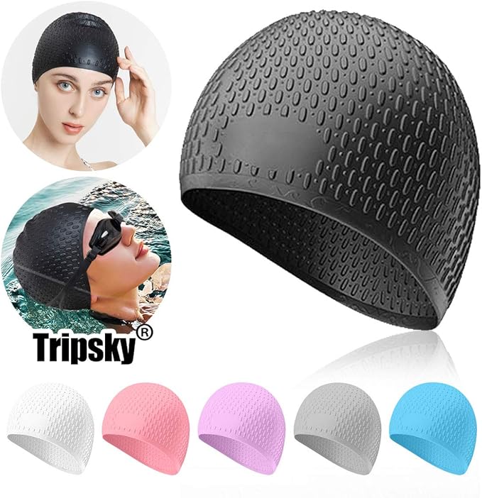 Tripsky Silicone Swim Cap,Comfortable Bathing Cap Ideal for Curly Short Medium Long Hair, Swimming Cap for Women and Men, Shower Caps Keep Hairstyle Unchanged…-StrideForce Fitness