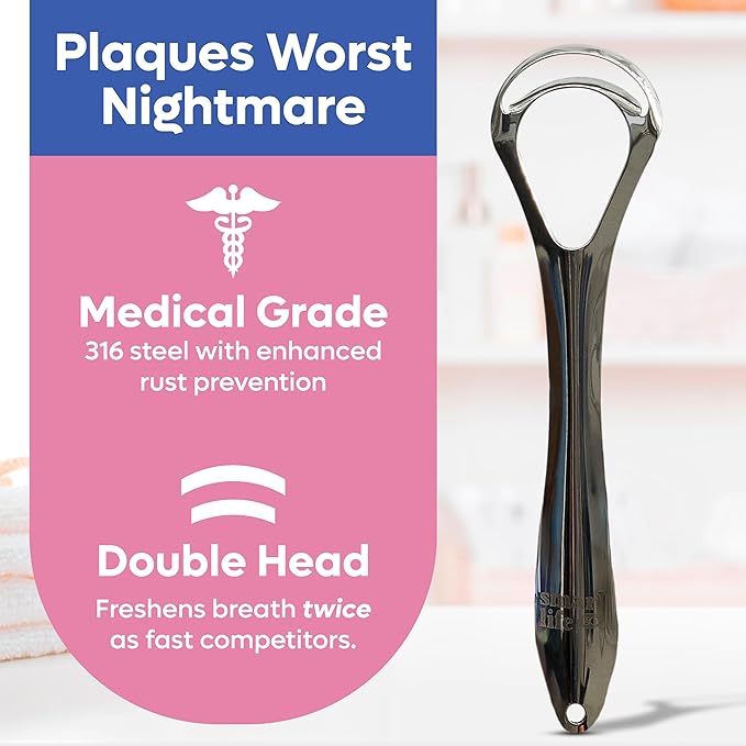 Tongue Scraper For Adults - Dual Head Stainless Steel Tongue Cleaner Travel Metal Case | Bad Breath Mouth Treatment | Best Disposable Metal Plastic-Free Scrubber | Oral Care Hygiene Essential Kit, 2pk