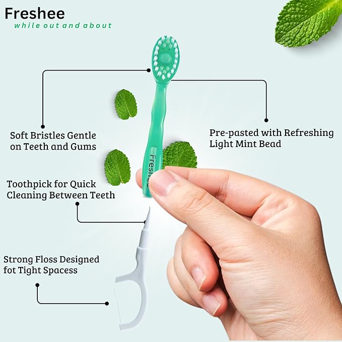 Freshee Bead -5 in 1 Disposable Mini Toothbrush with Refreshing Bead + Floss + Pick + Tongue Scraper | Travel Size | Individually Wrapped | Soft | Light Mint | Travel Set