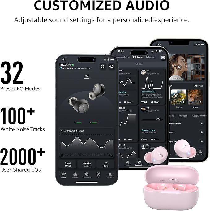 TOZO A1 Wireless Earbuds Bluetooth 5.3 Light Weight in Ear IPX5 Waterproof Headphones 2 Mic for AI Calls, Immersive Premium Sound Bass Headset with Charging Case, 32 Presets EQ Customization via App-StrideForce Fitness