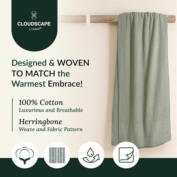 Cloud Scape Linen Herringbone Cotton Throw Blanket for Couch, Bed,Sofa, Home Decor, Soft, Lightweight, All-Season Bed Blanket, 50 x 70, Olive Green-StrideForce Fitness