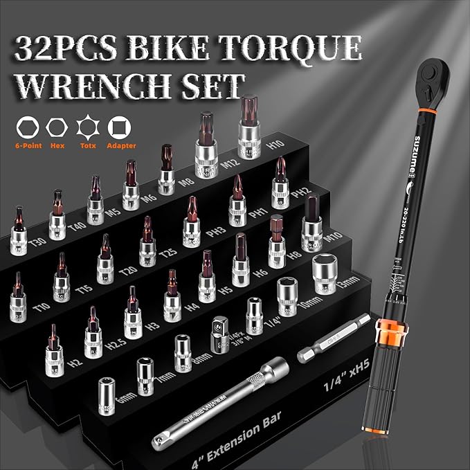 1/4-Inch Bike Torque Wrench 32PCS (20-220 in.lb/2.3-24.9 N.m) Reversible Head Dual-Scales 1/4 Torque Wrench 72 Tooth ±3% High Accuracy Click Torque Wrench Set For MTB Bicycle Maintenance-StrideForce Fitness