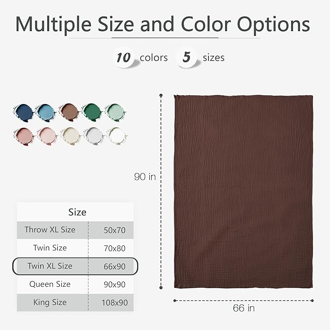 Carriediosa 100% Cotton Muslin Throw Blanket 66" X 90" Twin XL Size，4-Layers Summer Gauze Throws for Bed Couch，Soft Lightweight Breathable Linen Blankets Bedspread for Adults All Season，Dark Brown-StrideForce Fitness