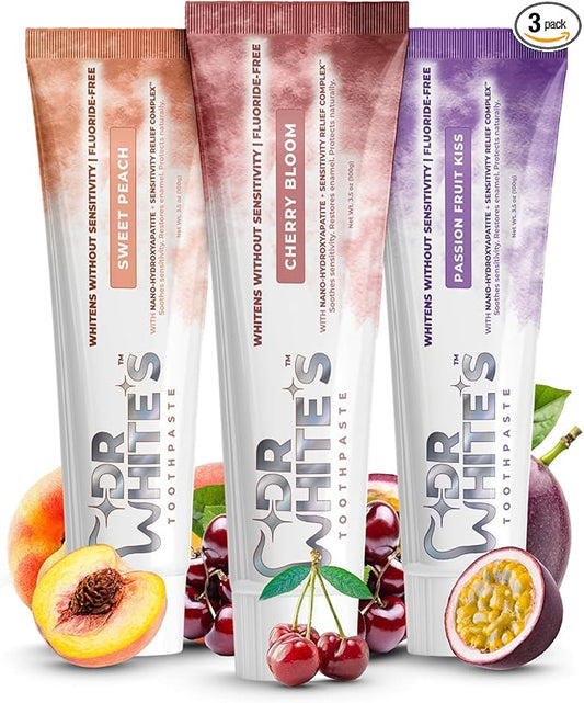 Dr. White’s Signature Flavor Trio – Bloom & Blush | Fluoride-Free Toothpaste with Nano-Hydroxyapatite, Sensitivity Relief, Mint-Free (3-Pack)