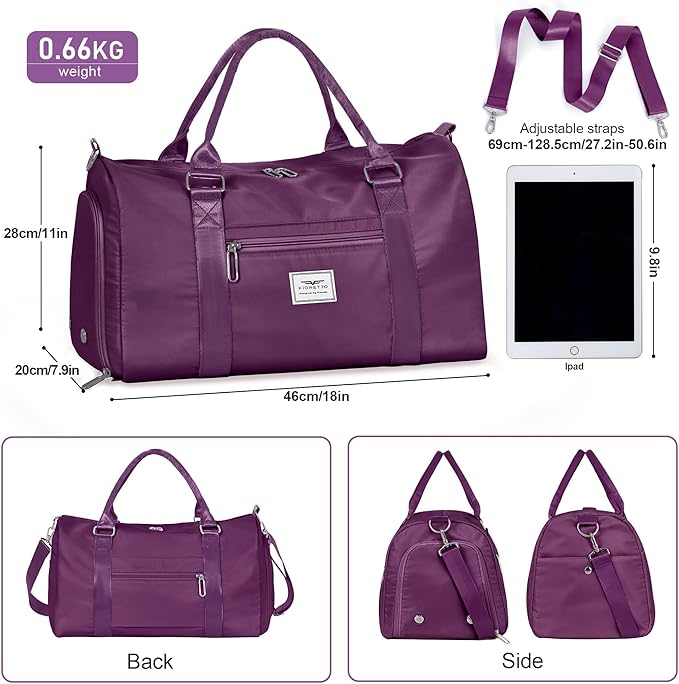 FIORETTO Womens Gym Tote Duffle Bag with Wet Pocket & Shoe Compartment, Sports Duffel Overnight Weekender Hospital Workout Carry on Bag for Girls, Ideal for Travel, Swimming, Dance, Ballet Dark Purple-StrideForce Fitness