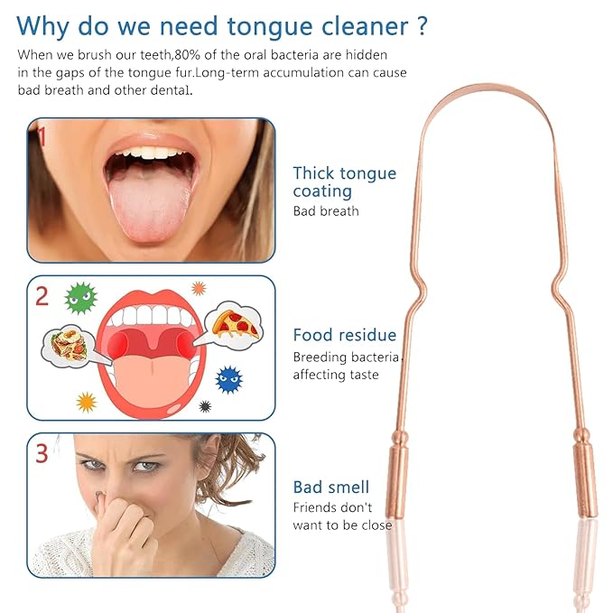 Copper Tongue Scraper (2 Pack), Tongue Cleaner for Reduce Bad Breath, Tongue Scrapers for Adults & Kids, 100% Copper Metal Tongue Scrubber Set for Oral Care & Easy to Use (round-bead)