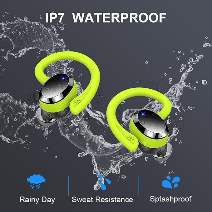 Wireless Earbud, Bluetooth 5.4 Headphones IP7 Waterproof for Sport, 48H Running Wireless Earphones with ENC Noise Cancelling Mic, Deep Bass Over Ear bud with Earhooks for Android, iOS, Workout, Green-StrideForce Fitness
