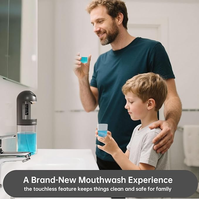 Upgraded Automatic Mouthwash Dispenser with 4 Dispensing Levels for Bathroom-GIMUBABA Smart Mouth Wash Dispenser Sets with 20.3 FL Oz Container,2 Cups & Wall Mount Accessories for Kids & Family(black)
