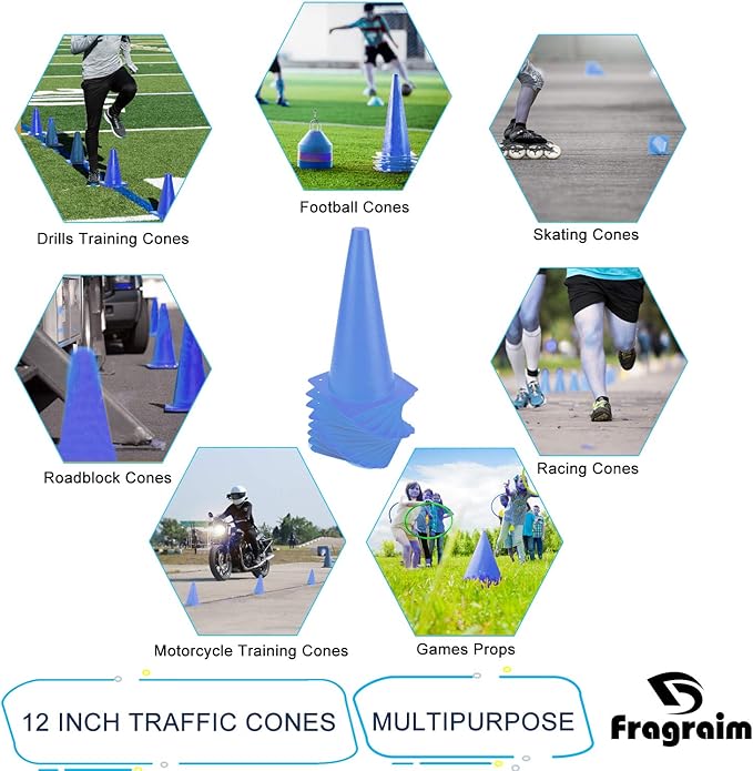 12 Inch Traffic Training Cones, Plastic Safety Parking Cones, Agility Field Marker Cones for Soccer Basketball Football Drills Training, Outdoor Sport Activity & Festive Events - 6 Colors-StrideForce Fitness