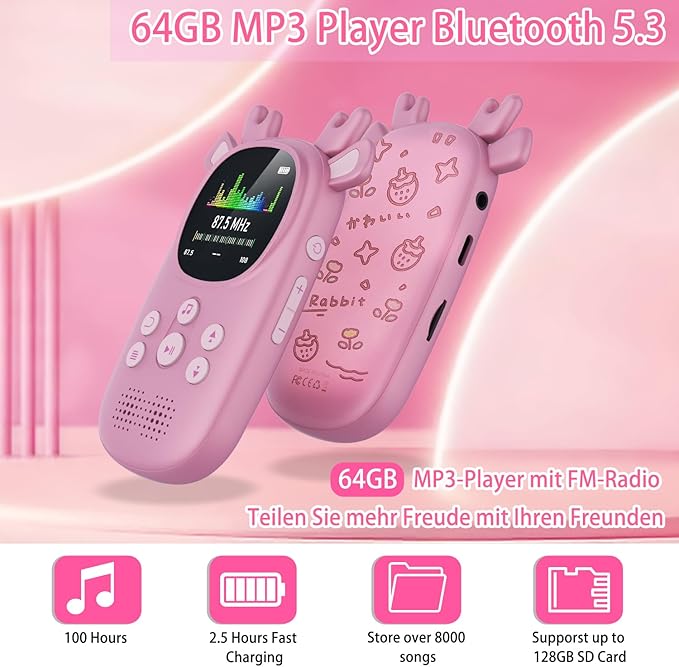 64GB MP3 Players for Kids, Cute Reindeer Portable Music Bluetooth Kid MP3 Player, Child MP3 Player with Bluetooth 5.3,Speaker, FM Radio, Alarm Clock, Voice Recorder, Stopwatch (Support up to 128GB)-StrideForce Fitness