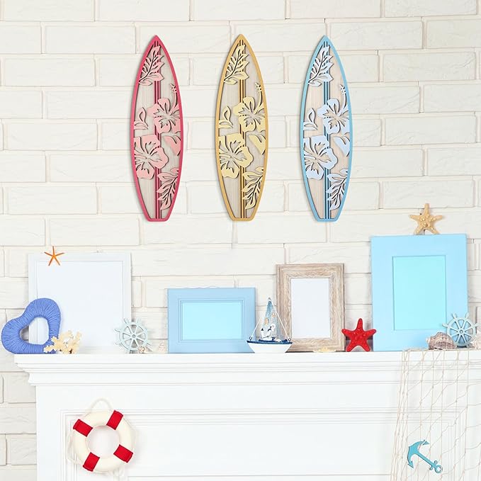 RattanView 3 Pieces Hibiscus Surfboard Decor for Bedroom Wooden Beach Wall Decor Summer Wood Surfboard Wall Hanging Sign for Tropical Living Room Decoration(Yellow, Blue, Pink)-StrideForce Fitness