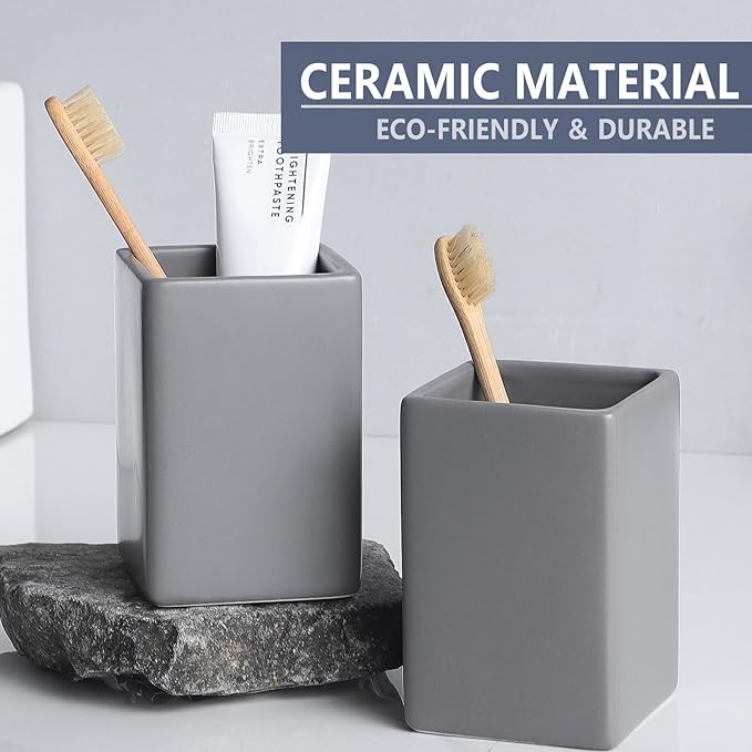 Grey Square Toothbrush Holders - Ceramic Toothbrush Holders for Bathrooms, Toothbrush Toothpaste Holders, Marble Bathroom Tumbler Cups Reusable Toothbrush Mouthwash Cup, Bathroom Counter Organizer