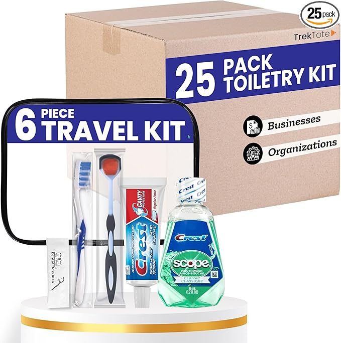 Trektote Bulk Toothpaste and Toothbrush Set- (25 Pack) 6 Piece Dental Care Kit, TSA Compliant, Includes Toothpaste, Toothbrush, Mouthwash, Flosses and Premium Toiletry Bag