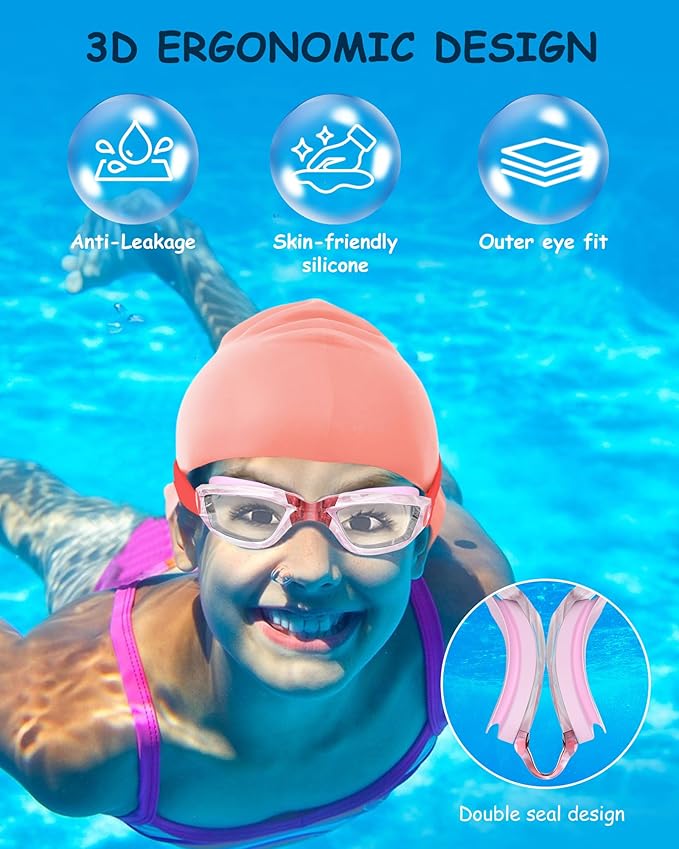 Kids Swim Goggles, Swimming Goggles for Kids Toddlers 3-14 with Swim Cap, Nose Clip, Nose Bridge, Ear Plugs-StrideForce Fitness