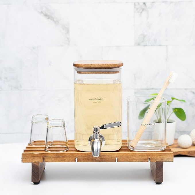 Glass Mouthwash Dispenser for Bathroom Decor with Bathroom Cups, Glass Electric Toothbrush Holder and Wooden Tray – Minimalist Bathroom Accessories for Home Decor - ZUTT