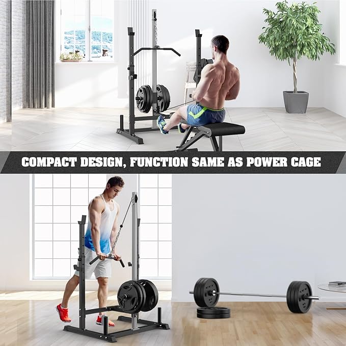 Power Rack with LAT Pulldown Pulley System Adjustable Multi-Functional Squat Rack, Power Cage with J-Hooks Home Gym-StrideForce Fitness
