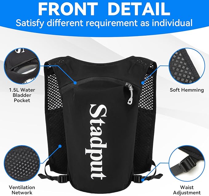 Reflective Hydration Running Vest Backpack | Lightweight 1.6L Water Bladder Bag for Trail Running, Cycling & Marathon | Perfect for Men & Women with Mobile Holder & Multiple Pockets | Premium Black-StrideForce Fitness