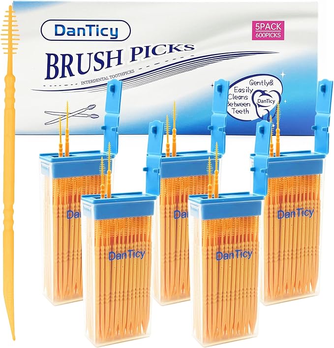 Brushpicks Interdental Toothpicks,Soft Bristle Dental Floss Picks Toothpicks,Helps Removes Plaque and Debris Between Your Teeth 600PCS (Pack of 5) Orange