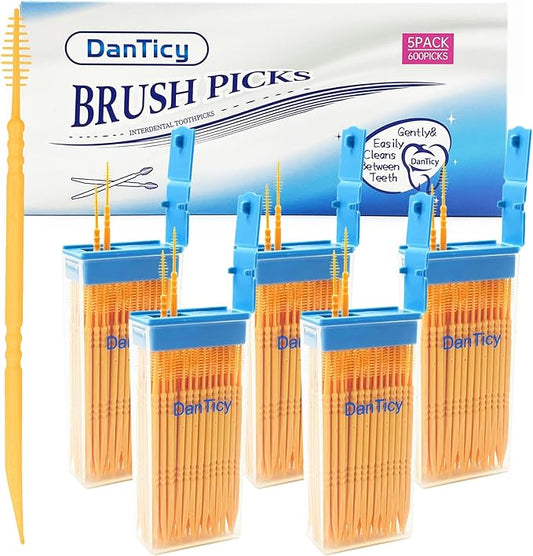 Brushpicks Interdental Toothpicks,Soft Bristle Dental Floss Picks Toothpicks,Helps Removes Plaque and Debris Between Your Teeth 600PCS (Pack of 5) Orange