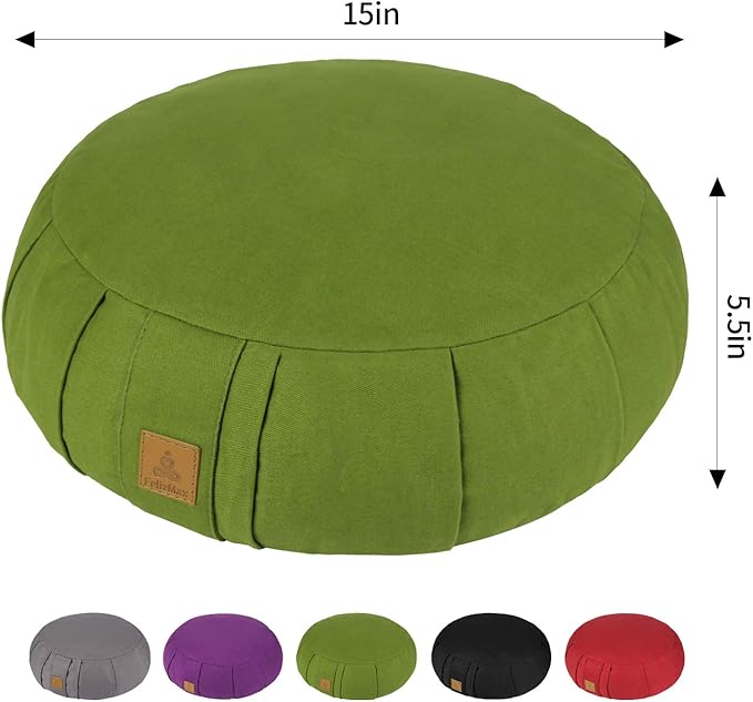 Round Zafu Meditation Cushion, D=15" H=5.5" Zabuton Meditation Pillow, Yoga Bolster/Pillow, Floor seat, Zippered Organic Cotton Cover, Natural Buckwheat, Kneeling Pillow-StrideForce Fitness
