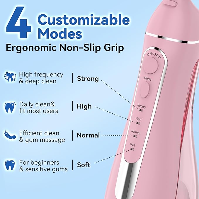 Cordless Portable Water Flosser with 300ML Tank: Rechargeable Oral Irrigator with 5 Tips for Travel, Braces Care and Sensitive Gums, IPX7 Waterproof Teeth Cleaning Device(Pink)