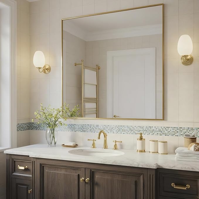 24x30 Inch Brass Bathroom Mirror for Wall, Aluminum Frame Rectangle Rectangular Vanity Mirror, Modern Large for Bedroom, Living Room, Horizontal or Vertical-StrideForce Fitness