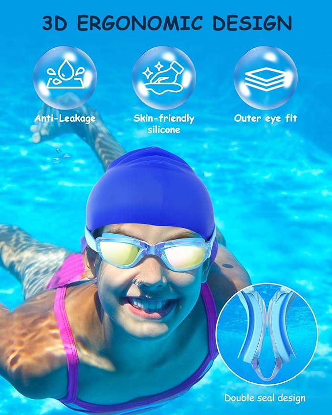 Kids Swim Goggles, Swimming Goggles for Kids Toddlers 3-14 with Swim Cap, Nose Clip, Nose Bridge, Ear Plugs-StrideForce Fitness