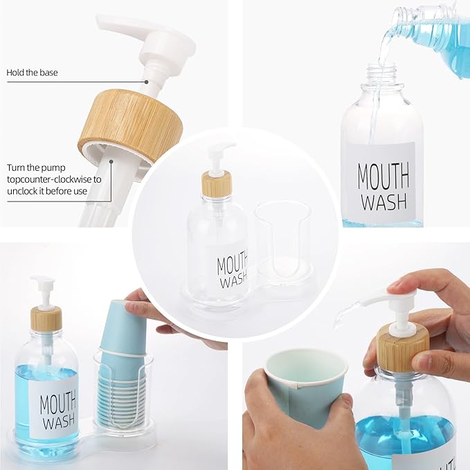 Mouthwash Dispenser for Bathroom, 16oz Plastic Mouthwash Dispenser with Cup Holder and Tray Mouth Wash Bottle Container - Clear