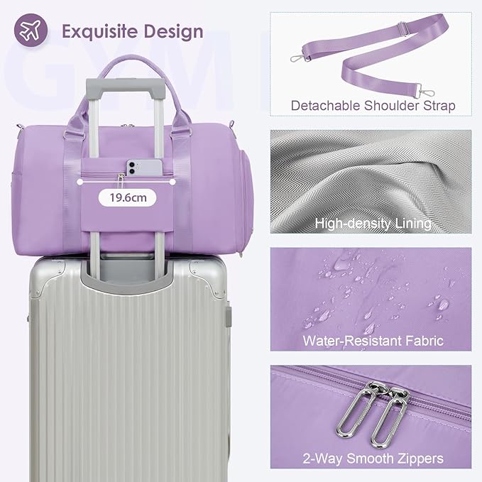 FIORETTO Womens Gym Tote Duffle Bag with Toiletry Bag, Sports Duffel Overnight Hospital Workout Carry on Bag for Girls with Wet Pocket & Shoe Compartment, Ideal for Travel, Swimming, Dance Purple-StrideForce Fitness