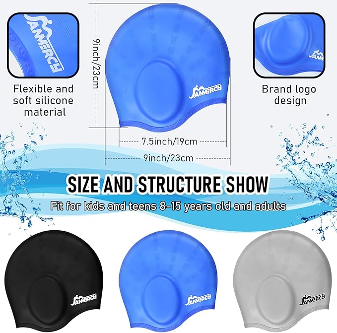 Janmercy 3 Pcs Swim Caps for Boys Girls Silicone Swimming Hat with 3D Ear Pockets for Age 6-15 Bath Hats Short/Long Hair with Ear Plug Nose Clip Supplies-StrideForce Fitness