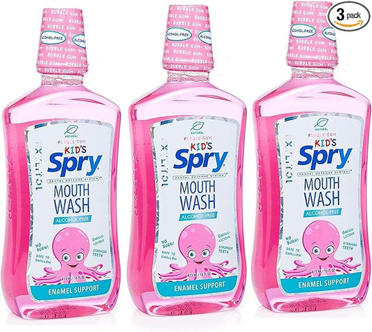 Spry Natural Xylitol Mouthwash Fluoride Free with Enamel Support, Alcohol-Free, Gentle, Non-GMO, Bubble Gum - 16 fl oz (Pack of 3)