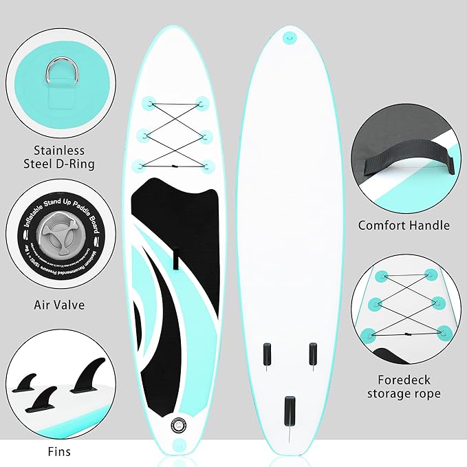 Inflatable Stand Up Paddle Board 10‘x30‘‘- Ultra-Light SUP with Backpack, Pump, Paddle, Coil Leash, 3 Fins, Repair Kit, Stable Design, Non-Slip EVA Deck for Adults & Youth-StrideForce Fitness