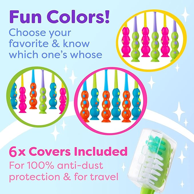 Trueocity Kids Toothbrush 6 Pack - Soft Contoured Bristles - Child Sized Brush Heads (3-10 Year Old) - Suction Cup for Fun & Easy Storage - Girl & Boy Set (6-Pack, Multi-Color)