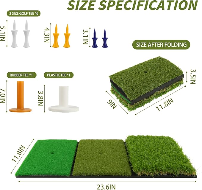 Jkwokback 3-in-1 Golf Hitting Mat | Turf Golf Practice Mat for Swing, Putting & Chipping | Portable Golf Mats Practice Indoor/Outdoor Golf Hitting Mat with 8 Tees Golf Training Mat-StrideForce Fitness