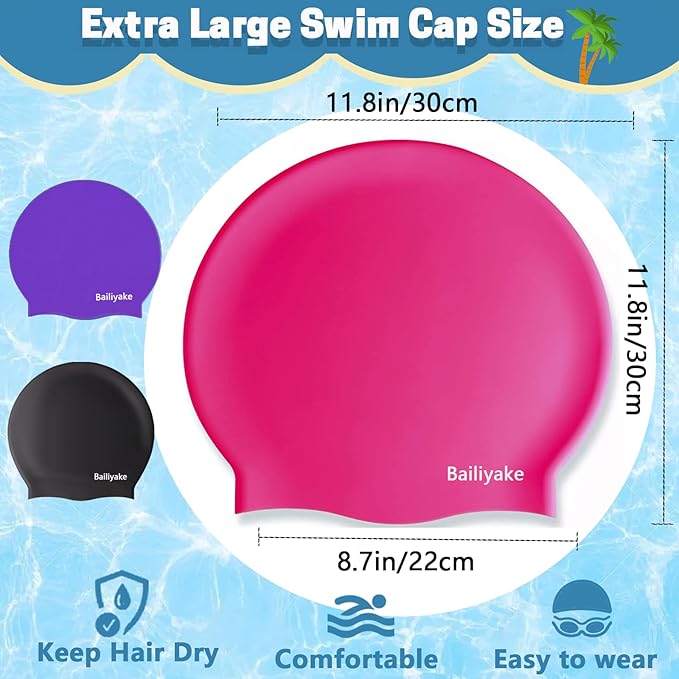 3 Pack Extra Large Swim Cap for Braids & Dreadlocks - Waterproof Silicone Swim Hat for Women with Long Thick Hair, Protective Swim Cap Cover Ears for Swimming, Shower, Bathing-StrideForce Fitness