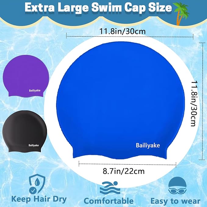 3 Pack Extra Large Swim Cap for Braids & Dreadlocks - Waterproof Silicone Swim Hat for Women with Long Thick Hair, Protective Swim Cap Cover Ears for Swimming, Shower, Bathing-StrideForce Fitness