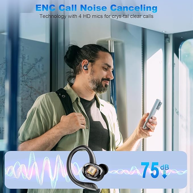 Wireless Earbuds Sport, 2025 Bluetooth 5.4 Headphones with Earhooks, 50H Stereo Deep Bass Over Ear Buds with 4 ENC Noise Canceling Mics, IP7 Waterproof Earphones for Running Workout Gym -Black-StrideForce Fitness