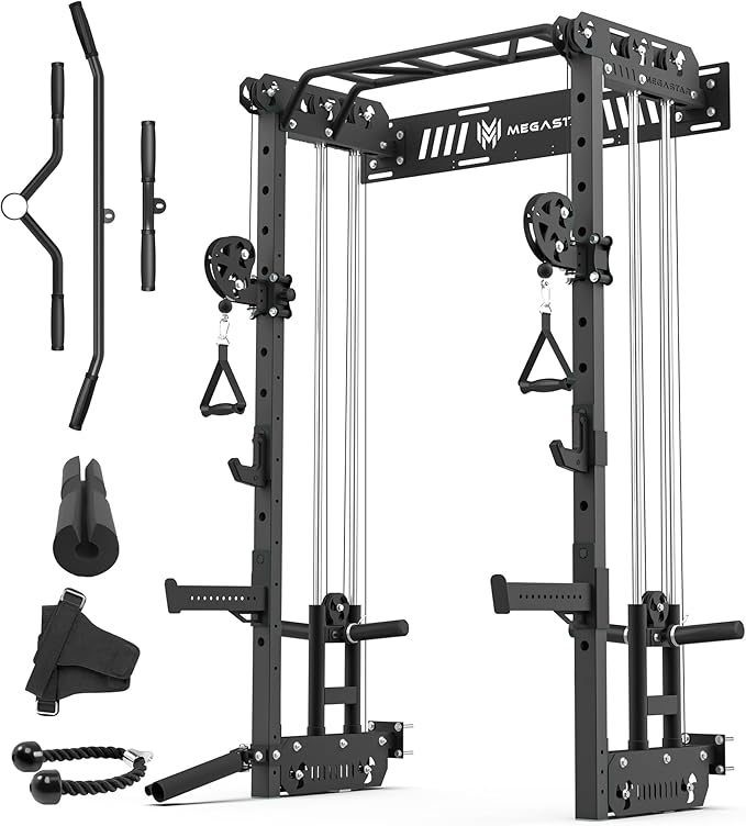 Wall Mounted Power Rack – 1600LB Capacity Compact Commercial Home Gym with Dual Cable Crossover, LAT Pulldown, Multi-Grip Pull-Up Bar & Landmine Attachment for Small Spaces, P67 Striker Red-StrideForce Fitness