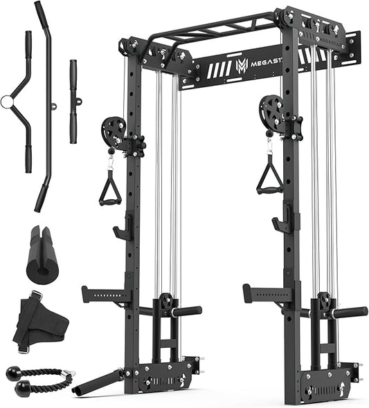 Wall Mounted Power Rack – 1600LB Capacity Compact Commercial Home Gym with Dual Cable Crossover, LAT Pulldown, Multi-Grip Pull-Up Bar & Landmine Attachment for Small Spaces, P67 Striker Red-StrideForce Fitness